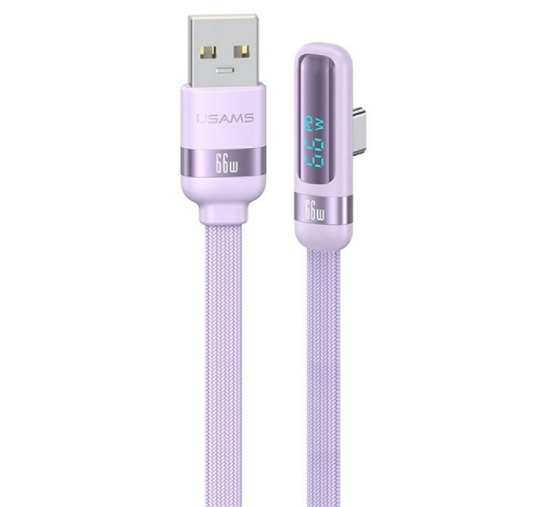 Usams US-SJ651adatkábel (USB - Type-C, 66W, gyorstöltő, 90 fokos, cipőfűző, 120cm) LILA