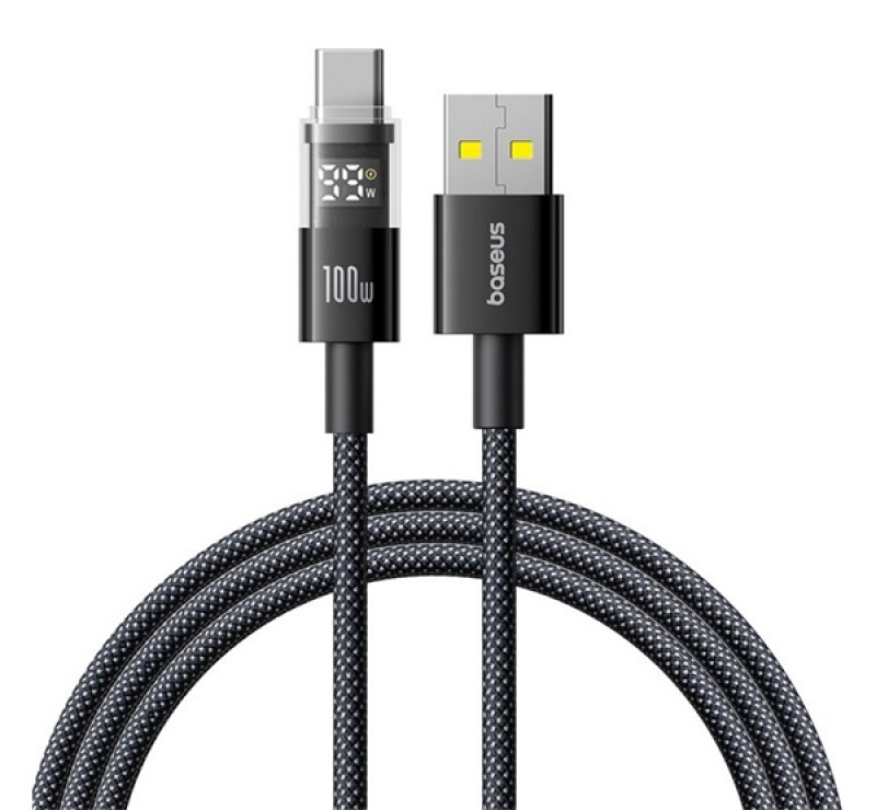 Baseus DISPLAY II adatkábel (USB - Type-C, 100W, gyorstöltő, cipőfűző, LED kijelző, 200cm) FEKETE