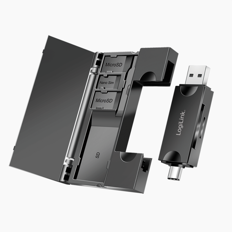 Logilink CR0049 USB 3.2 Gen1 kártyaolvasó SD- és microSD-kártyákhoz, memóriakártya-tárolóval