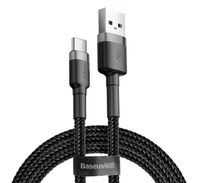 Baseus CAFULE adatkábel (USB - Type-C, 2A, PD gyorstöltő 3.0, 200cm, cipőfűző) FEKETE/SZÜRKECATKLF-C