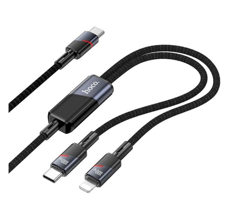 HOCO U139 adatkábel 2in1 (Type-C - Type-C/lightning, 100W, gyorstöltő, cipőfűző, 120cm) FEKETE