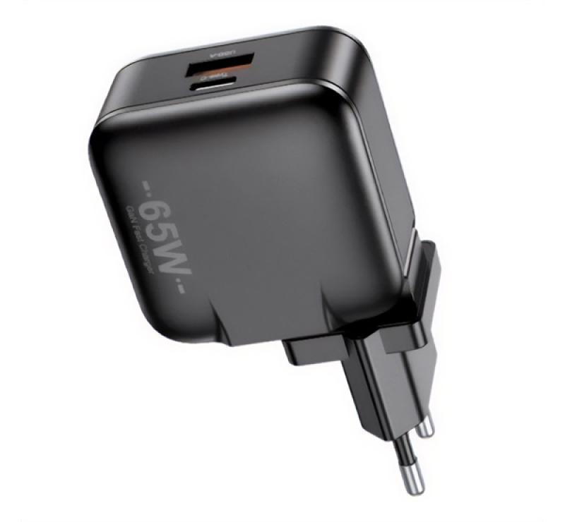 Awei PD55-EU hálózati töltő USB+Type-C aljzat (65W, GaN, PD gyorstöltő) FEKETE