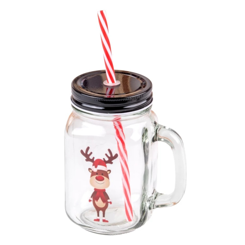 Perfect Home bögre szívószállal karácsony-rénszarvas dekor (13288)