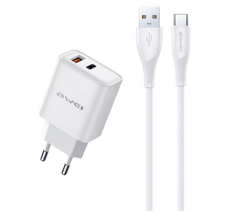Awei PD81T-EU hálózati töltő USB+Type-C aljzat (22.5W, GaN, PD gyorstöltő + Type-C kábel) FEHÉR