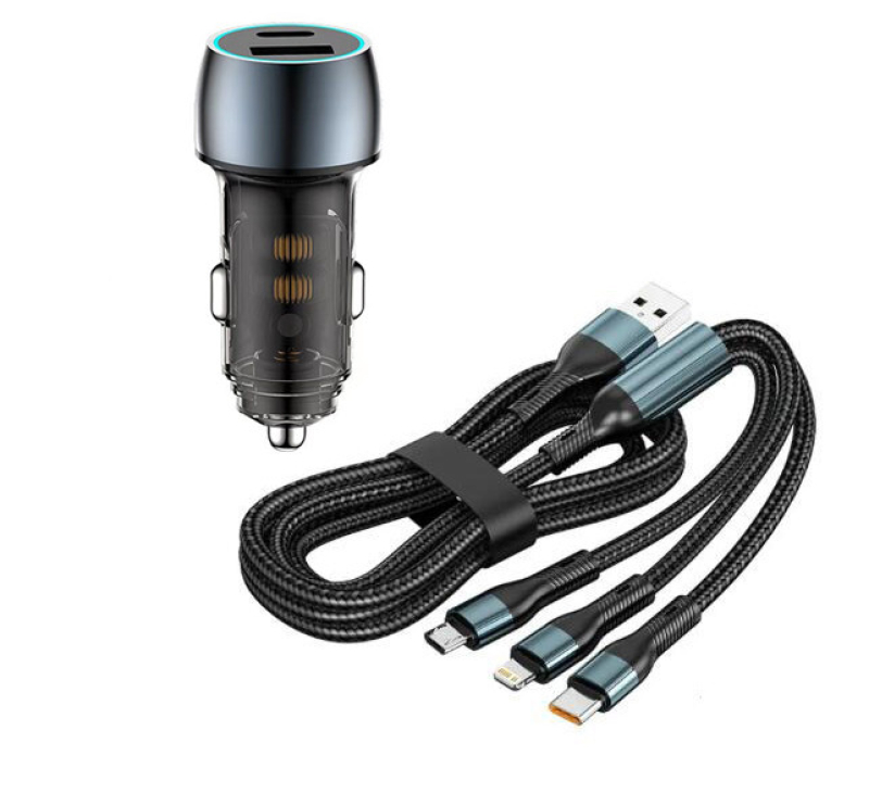 Autós töltő + 3IN1 gyorstöltő kábel - 48W - Quick Charge 3.0 - 12-24V LED 07AC+ SZETT