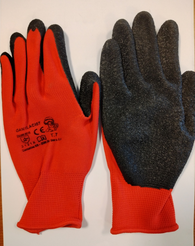 Mártott fekete latex kesztyű, piros textil kézháttal 7-es méretben (GAN1LACI07)