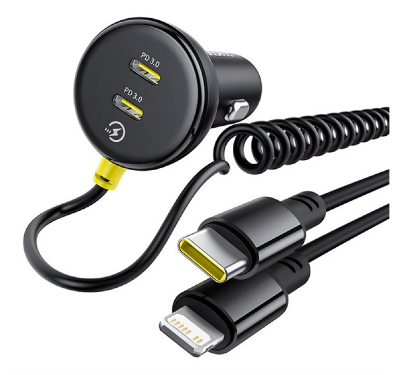 Baseus autós töltő 2 Type-C aljzat (27W, PD gyorstöltő + fix spirál Type-C - lightning kábel) FEKETE