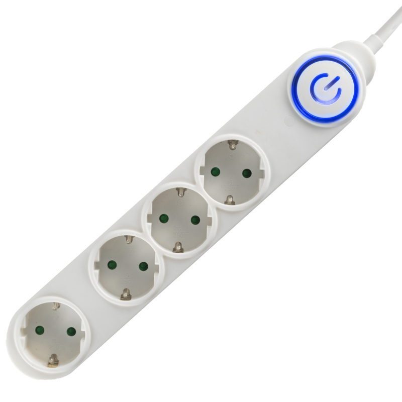 Talpkapcsolós elosztó világító kapcsolóval, 4 aljzattal, 1,5 m kábellel (NV 04TK/WH)