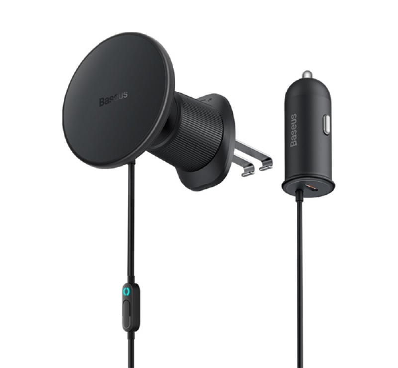 Baseus CW01 autós tartó (szellőzőre, 15W, wireless, MagSafe + autós töltő Type-C aljzat) FEKETEC4014