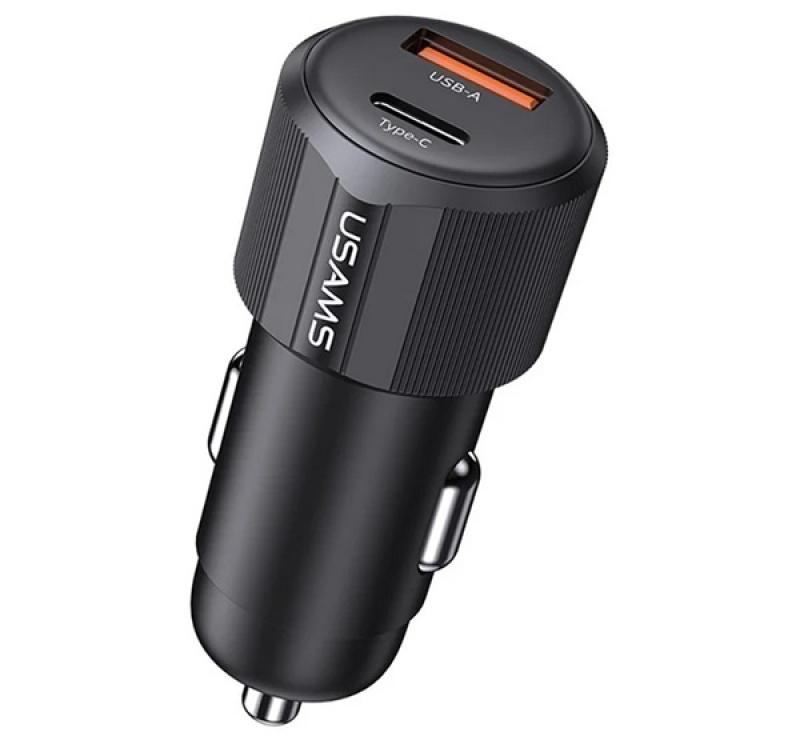 Usams YT autós töltő USB+Type-C aljzat (60W, PD gyorstöltő) FEKETE