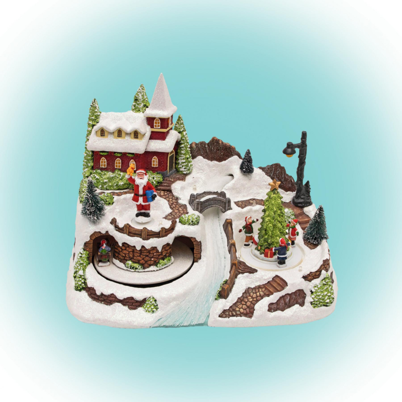 Home dioráma, karácsonyi falu mikulással, mozgó szánnal és gyerekkel (DRM 10)