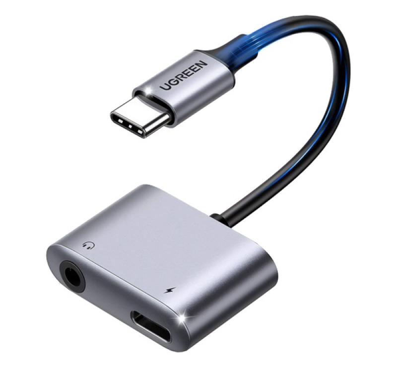 Ugreen audió adapter és töltőkábel (elosztó, Type-C+3.5mm jack aljzat - Type-C, 10cm) VILÁGOSSZÜRKE
