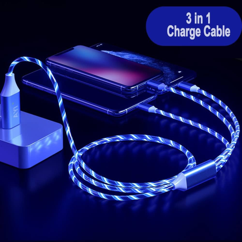 Apple LIGHTNING világító LED töltőkábel kábel - kék színben 3in1 Micro USB + Type C