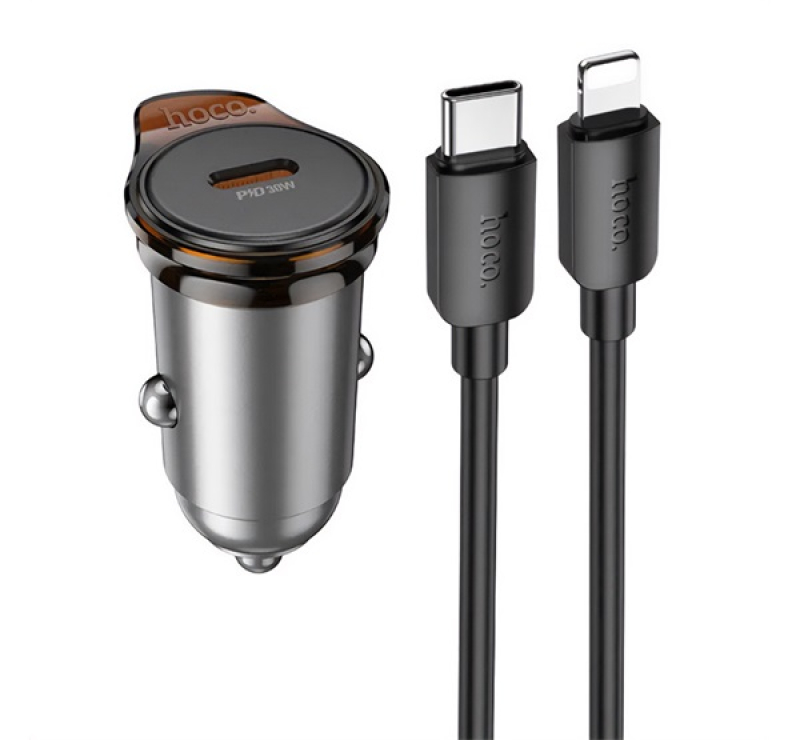 HOCO NZ16 autós töltő Type-C aljzat (30W, PD gyorstöltő + lightning kábel) SÖTÉTSZÜRKE