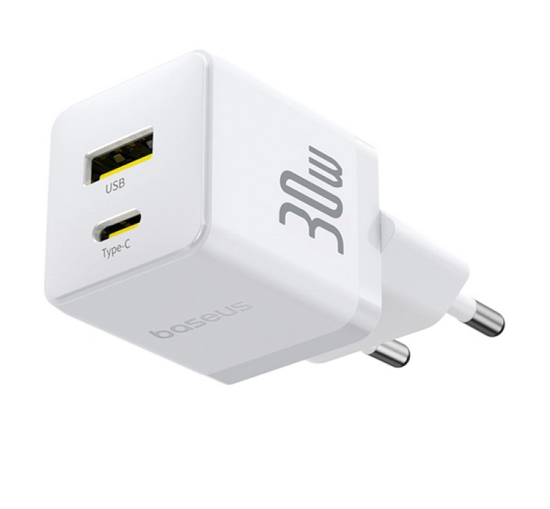 Baseus PALM hálózati töltő USB+Type-C aljzat (30W, PD gyorstöltő 3.0) FEHÉR