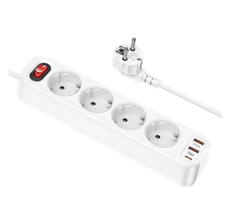 HOCO hálózati elosztó 4 AC+2 USB+Type-C aljzat (20W, PD gyorstöltő 3.0 + 180cm kábel) FEHÉRNS1_W