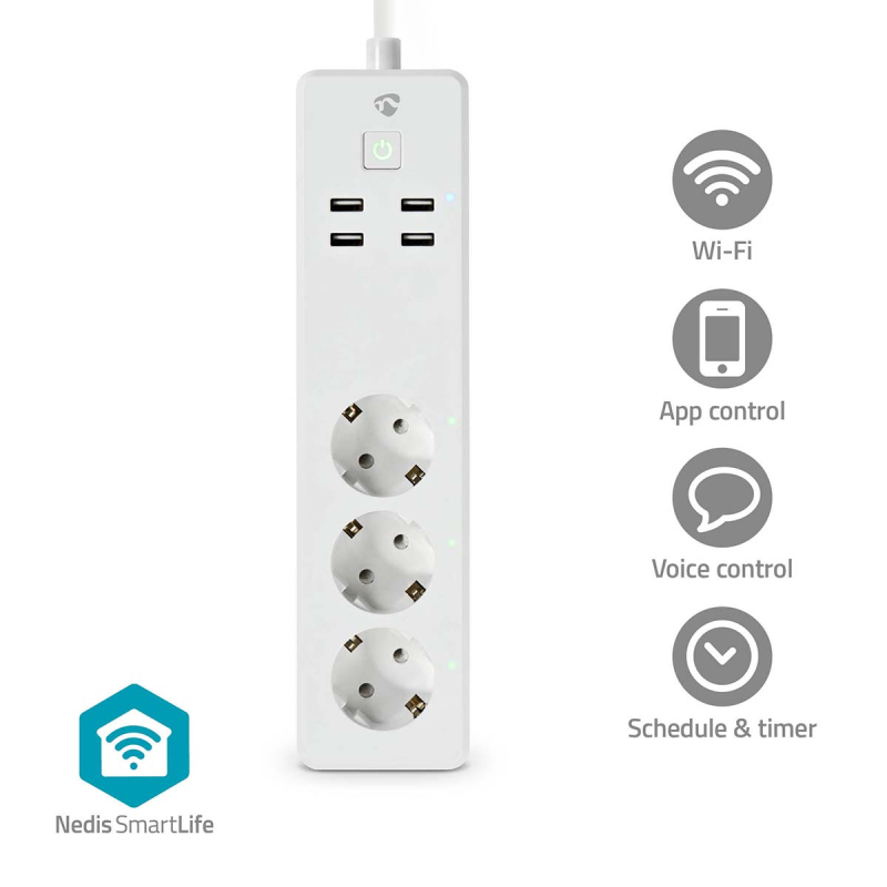 Nedis SmartLife elosztó 3 utas, 4 USB port (WIFIP312FWT)