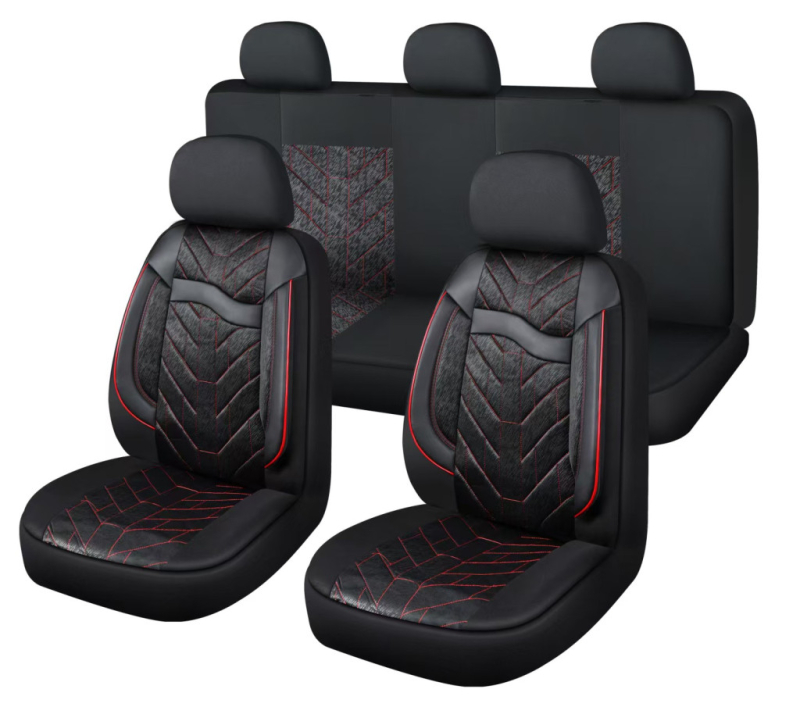 11 részes Műbőr+Szövet anyag univerzális üléshuzat szett - 2HELYEN osztható Légzsákos - fekete-piros