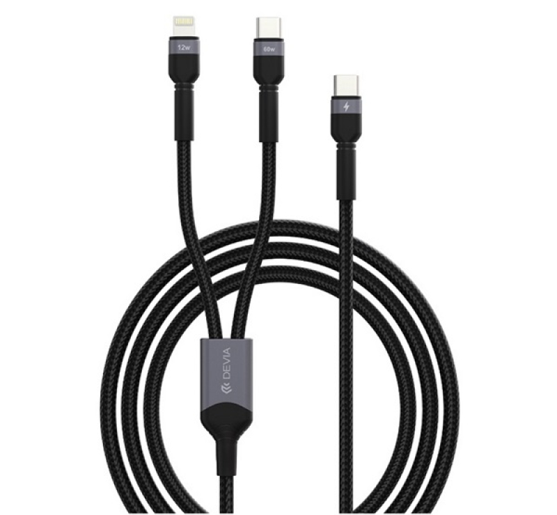 Devia EXTREME adatkábel 2in1 (Type-C - Type-C/lightning, 15W, PD gyorstöltő, 120cm, cipőfűző) FEKETE