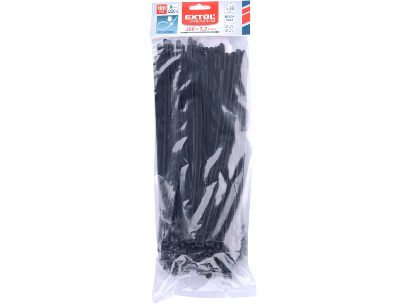 Extol Premium kábelkötegelő 7,2×300mm, fekete nylon, 100db (8856258)