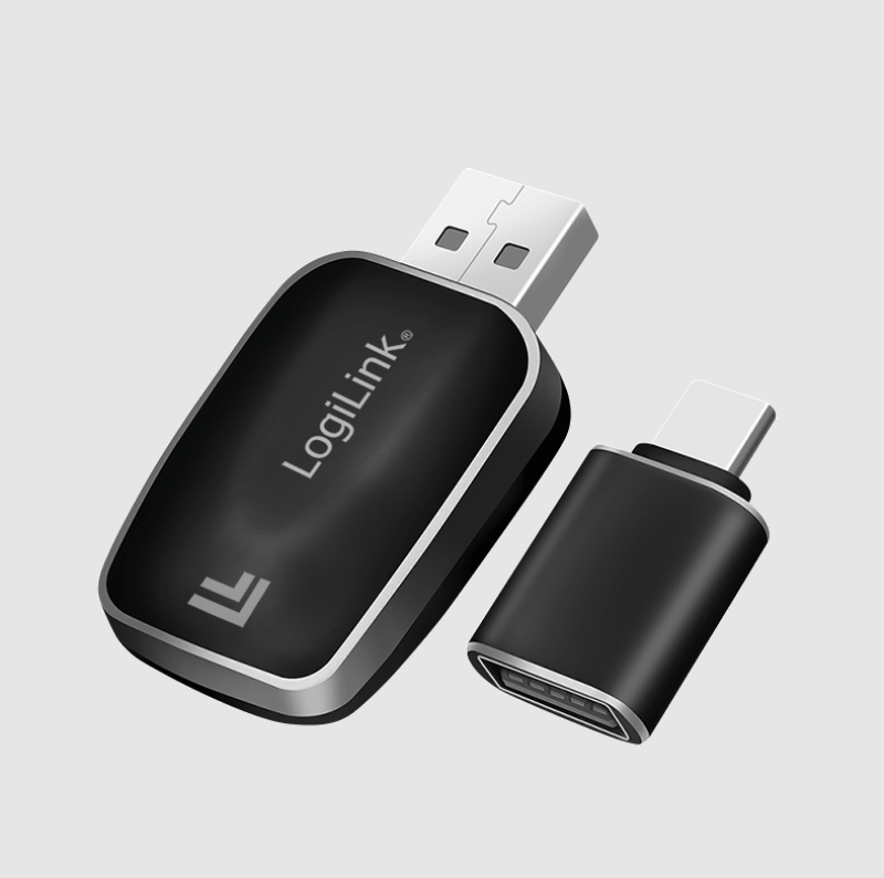 Logilink Vezeték nélküli BT 5.0 autós adapter CarPlay és Android Auto funkciókhoz, USB-A + USB-C, fe