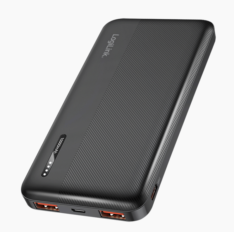 Logilink Mobil Power Bank, LiPo, 10.000 mAh, PD 20 W, 2x USB-A + USB-C, fekete