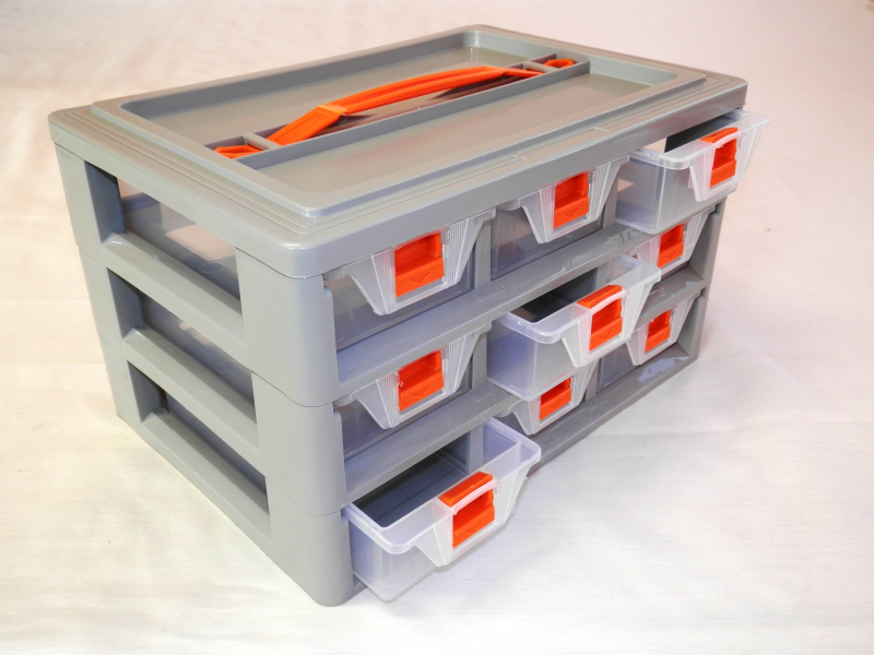 9 fiókos műanyag csavarbox 30x20x17 cm, szürke (1303)