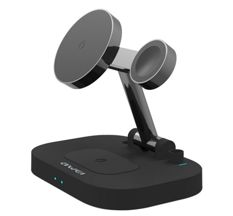 Awei asztali töltőállvány 4in1 (15W, wireless, gyorstöltő, MagSafe, Apple Watch töltő) FEKETE