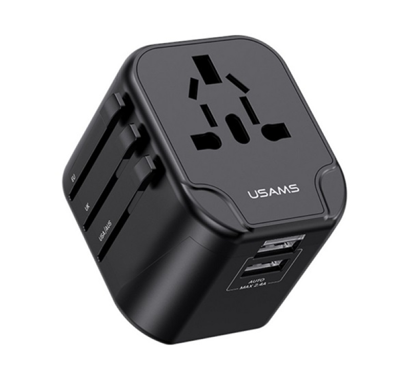 Usams T55 utazó töltő 2 USB aljzat (12W, EU, UK, US, AU) FEKETE
