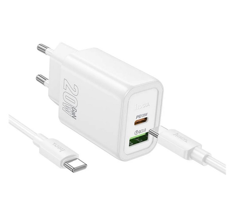 HOCO N61 hálózati töltő USB+Type-C aljzat (20W, PD gyorstöltő 3.0 + Type-C kábel) FEHÉR