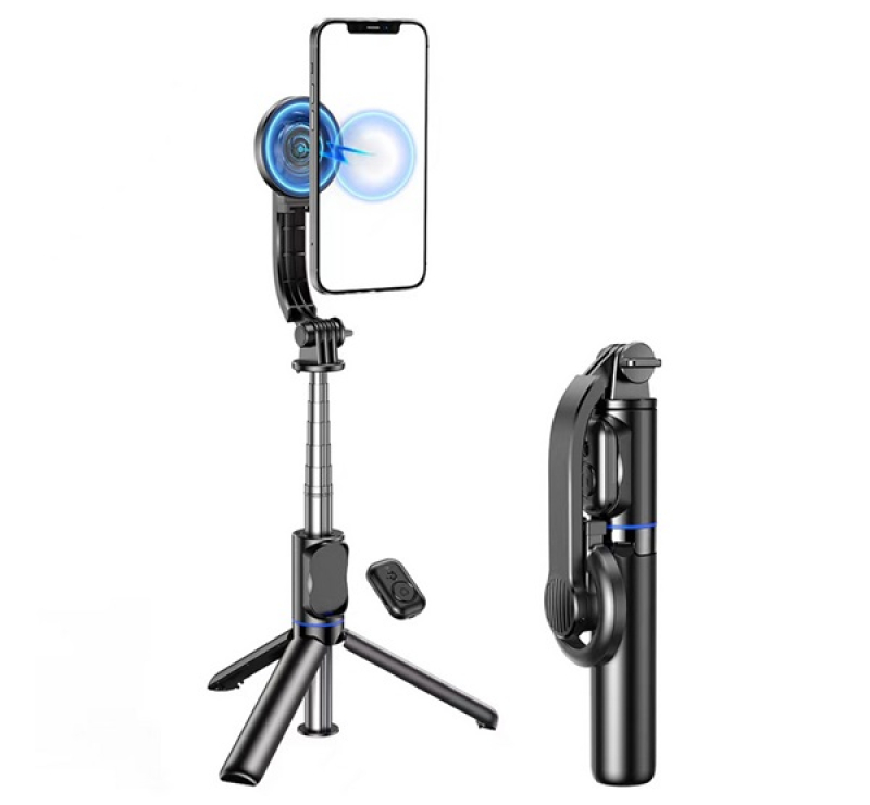 AWEI szelfibot (univerzális, tripod állvány, mágneses, állítható, bluetooth távkioldó, 104cm) FEKETE