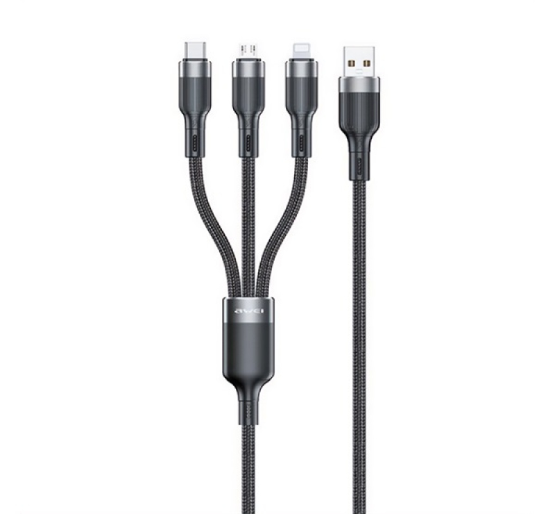 Awei CL-975 adatkábel 3in1 (USB - Type-C/lightning/microUSB, 100W, gyorstöltő, 120cm) FEKETE