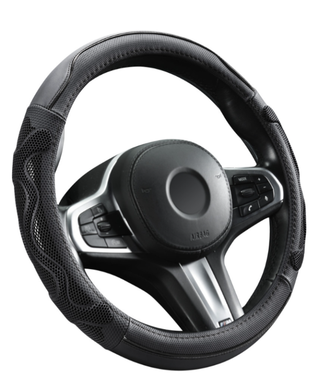 Valódi bőr kormányvédő DW-5002GRAY 38cm, fekete-szürke (948)