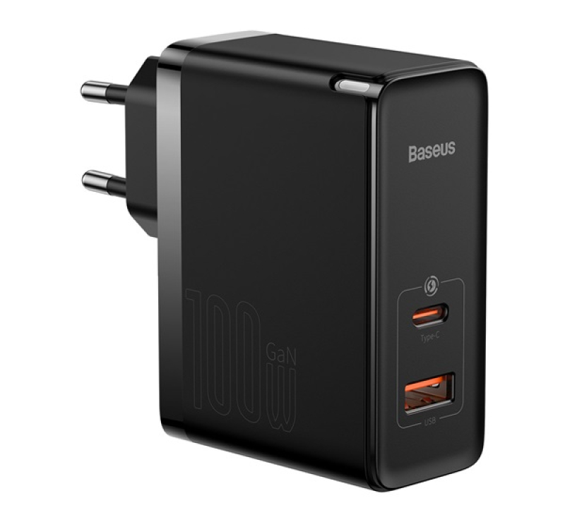 Baseus hálózati töltő USB+Type-C aljzat (100W, GaN5, PD gyorstöltő) FEKETECCGP090201