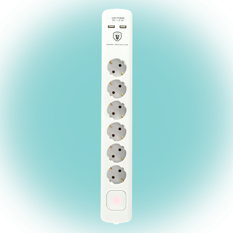 Home Túlfeszültség védett hálózati elosztó, USB töltőaljzatokkal (NVT 06K USB/WH)