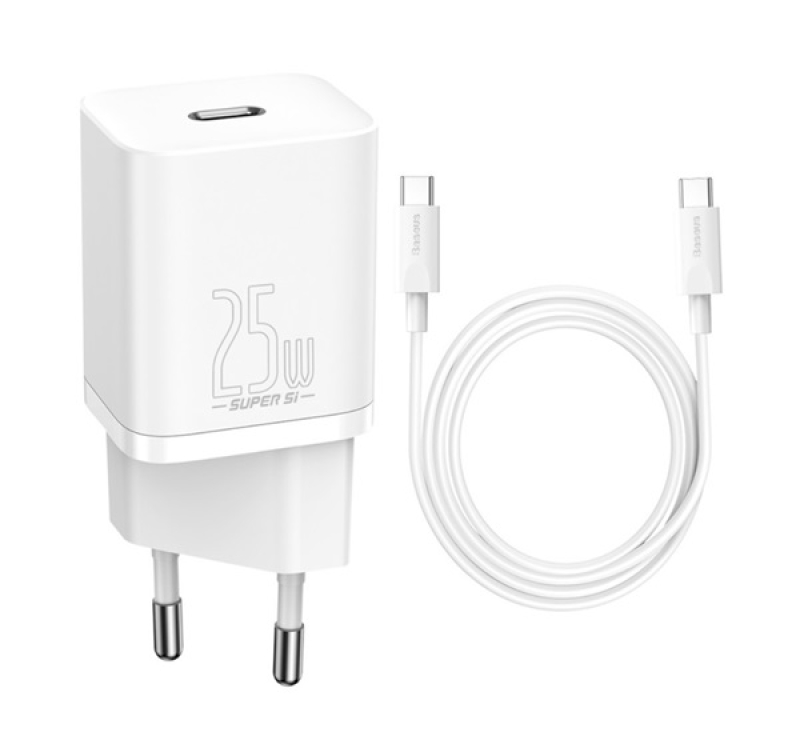 Baseus hálózati töltő Type-C aljzat (25W, PD gyorstöltő + Type-C kábel) FEHÉRCCCJG25CE_W