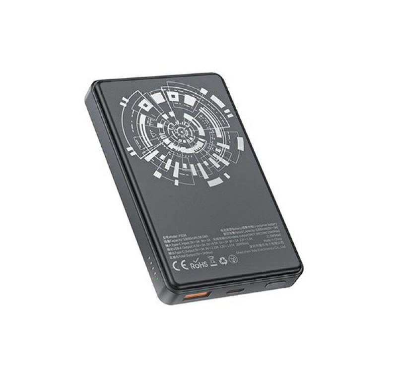 Awei P33K vésztöltő USB+Type-C aljzat (10000mAh, 22.5W, wireless, MagSafe, PD gyorstöltő) FEKETE