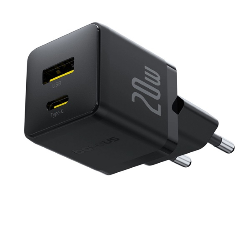 Baseus PALM hálózati töltő USB+Type-C aljzat (20W, PD gyorstöltő 3.0) FEKETE
