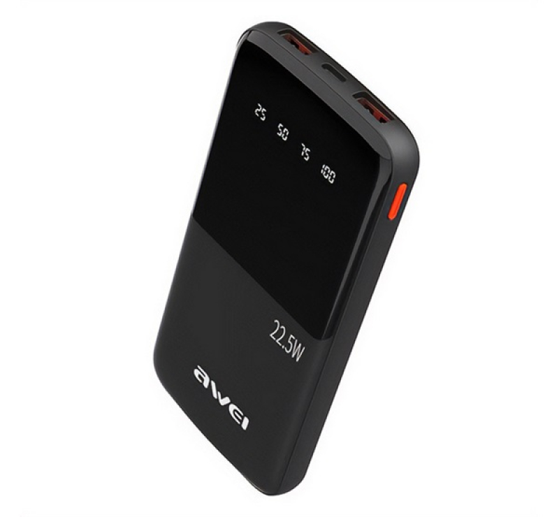 Awei P10K vésztöltő 2 USB+Type-C aljzat (10000mAh, 22.5W, PD gyorstöltő, LED kijelző) FEKETE