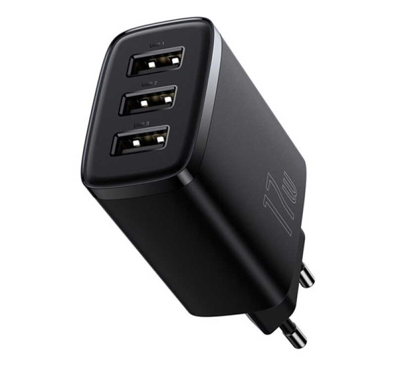 Baseus COMPACT hálózati töltő 3 USB aljzat (17W, gyorstöltő) FEKETECCXJ020101